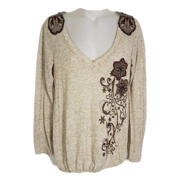 Lulumari Women's Medium Top Brown Embroidered Applique Shirt Sweater Boho V Neck - Picture 1 of 9